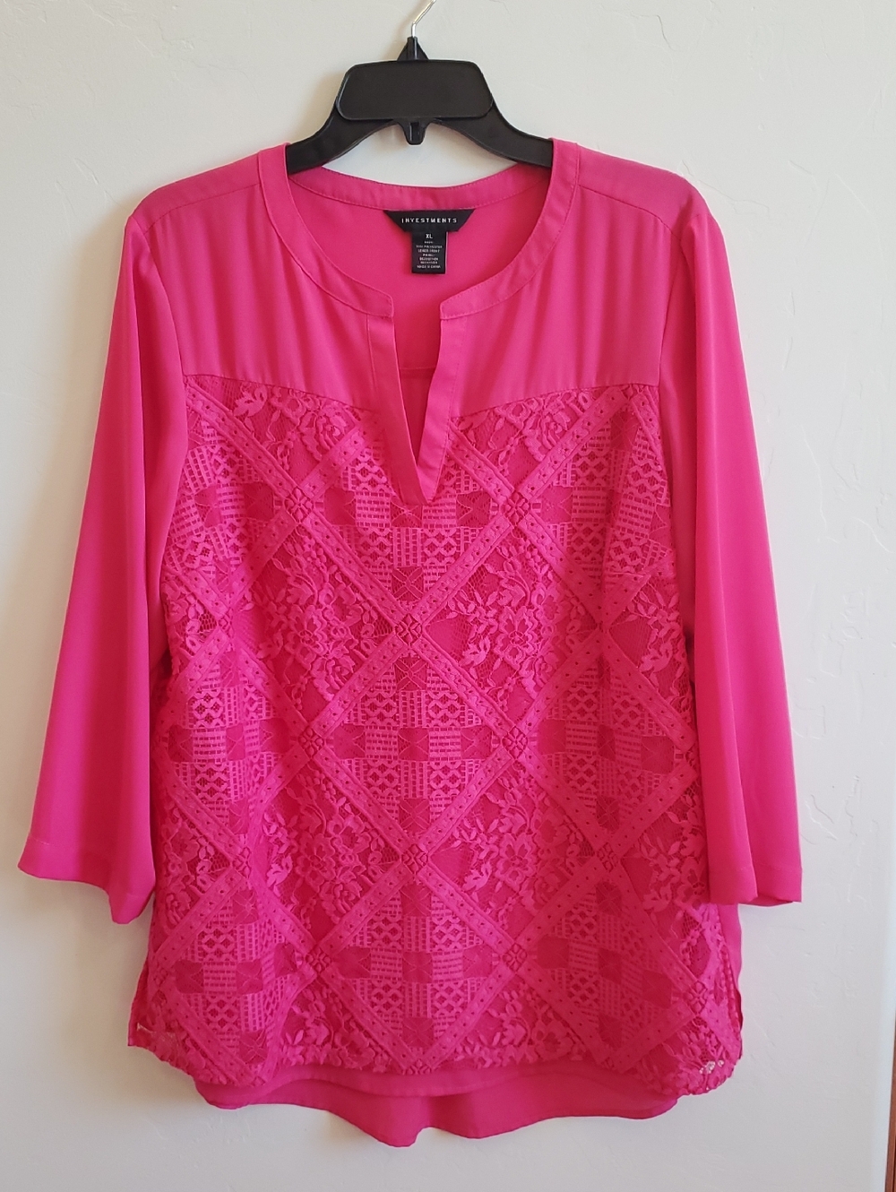 Pink Lace-Front Split-Neck Tunic 3/4 Sleeve Sz XL